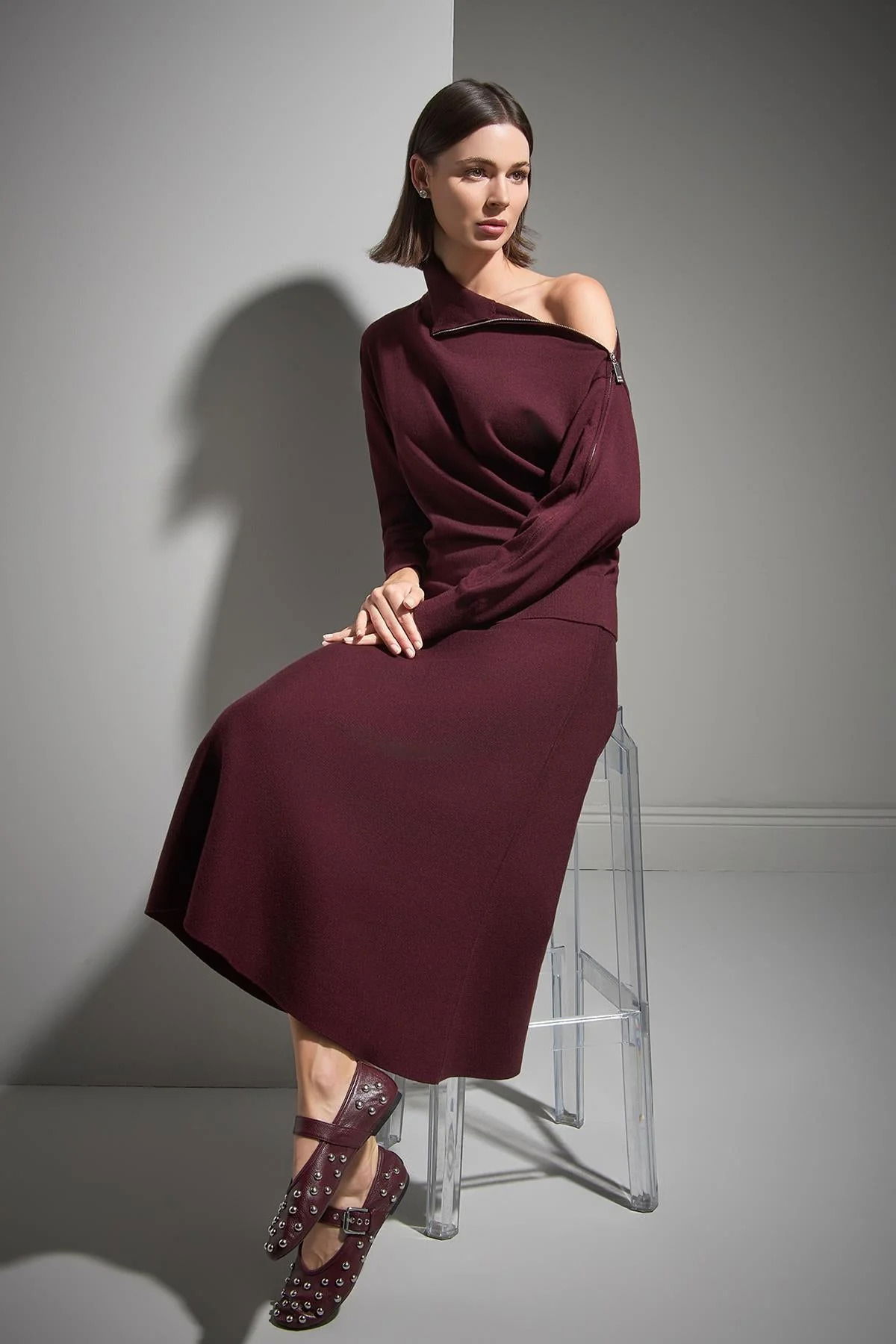 Join Us Kadın Fermuar Detaylı Dik Yaka Triko Kazak W023 Bordo - 1