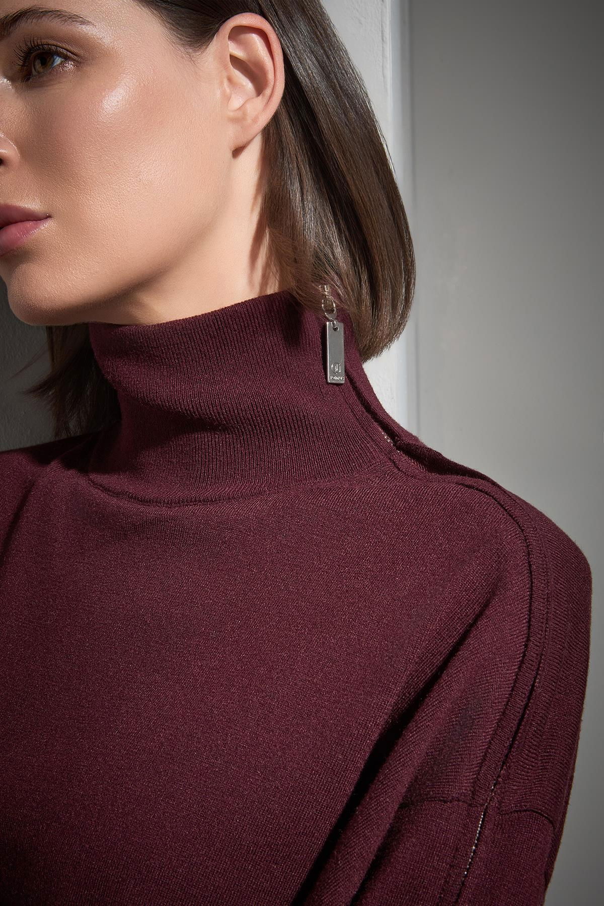 Join Us Kadın Fermuar Detaylı Dik Yaka Triko Kazak W023 Bordo - 3