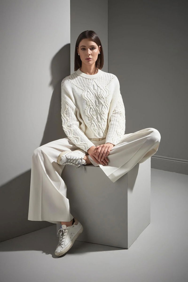 Join Us Kadın Fonksiyonel Dantel Yaka Detaylı Triko Kazak W031 Ekru - Join Us