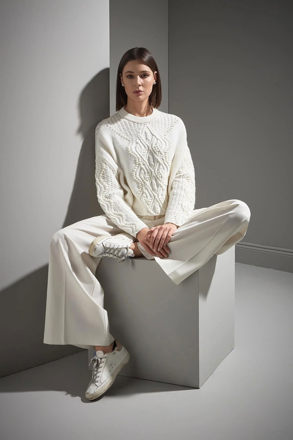 Join Us Kadın Fonksiyonel Dantel Yaka Detaylı Triko Kazak W031 Ekru - 1