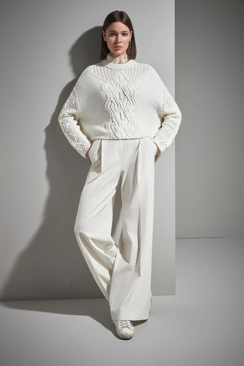 Join Us Kadın Fonksiyonel Dantel Yaka Detaylı Triko Kazak W031 Ekru - 2