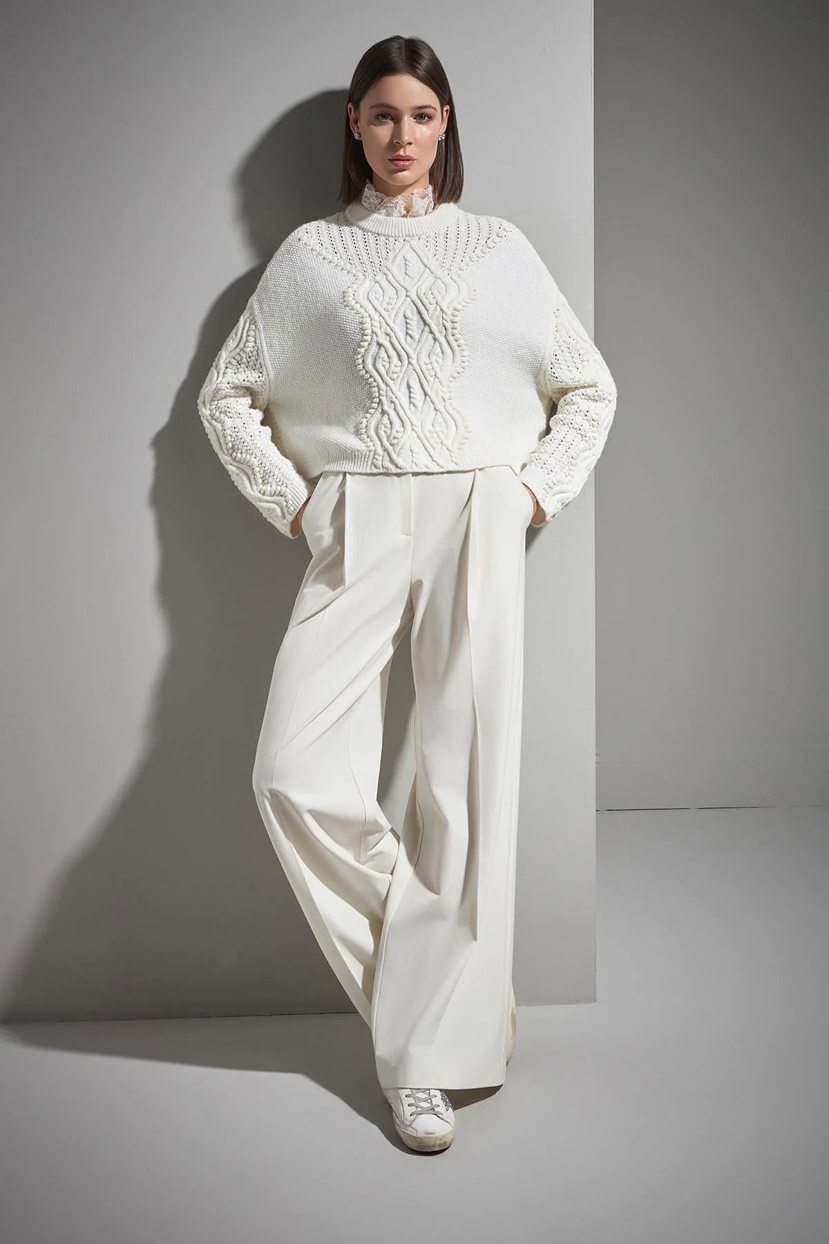 Join Us Kadın Fonksiyonel Dantel Yaka Detaylı Triko Kazak W031 Ekru - 2