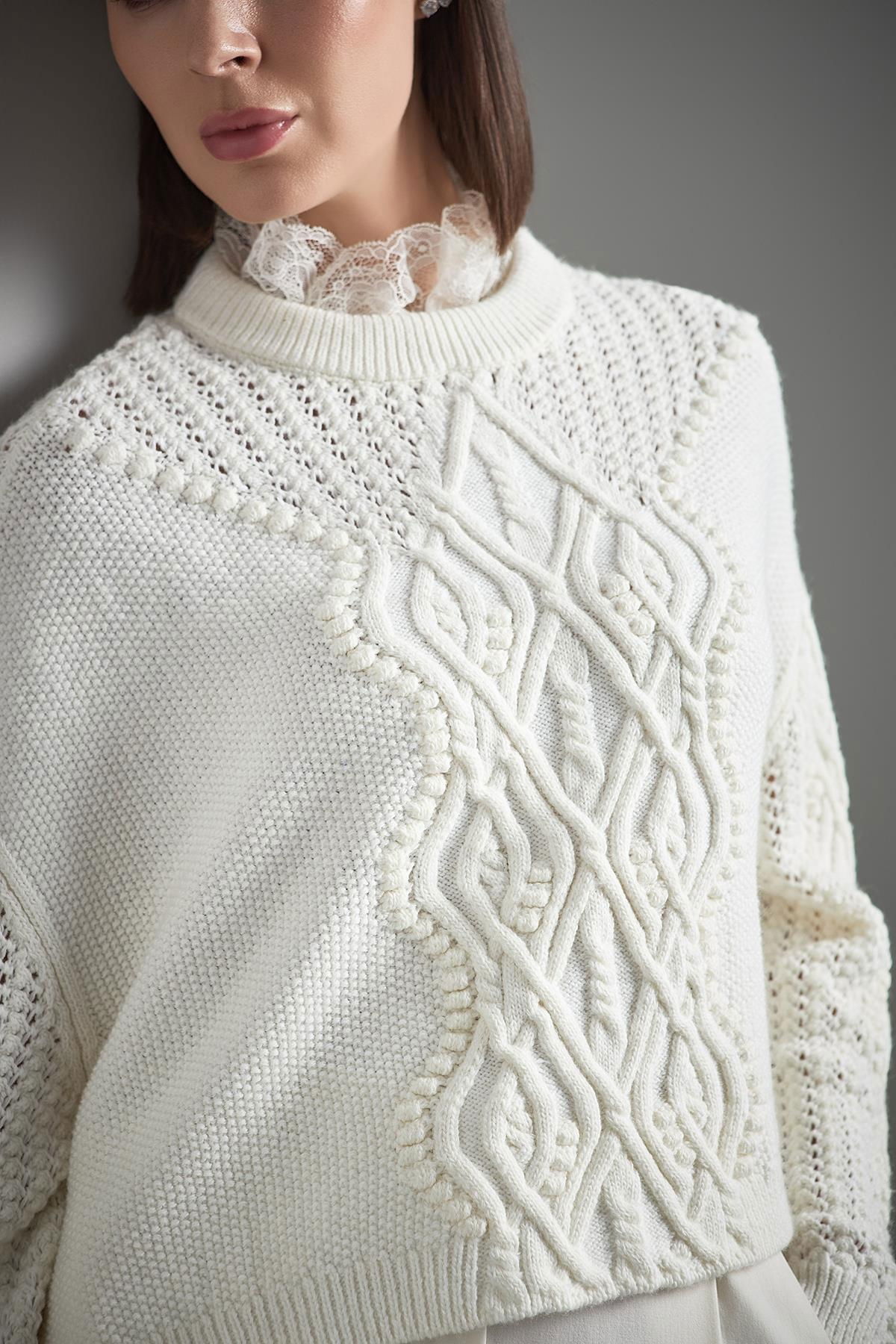 Join Us Kadın Fonksiyonel Dantel Yaka Detaylı Triko Kazak W031 Ekru - 4