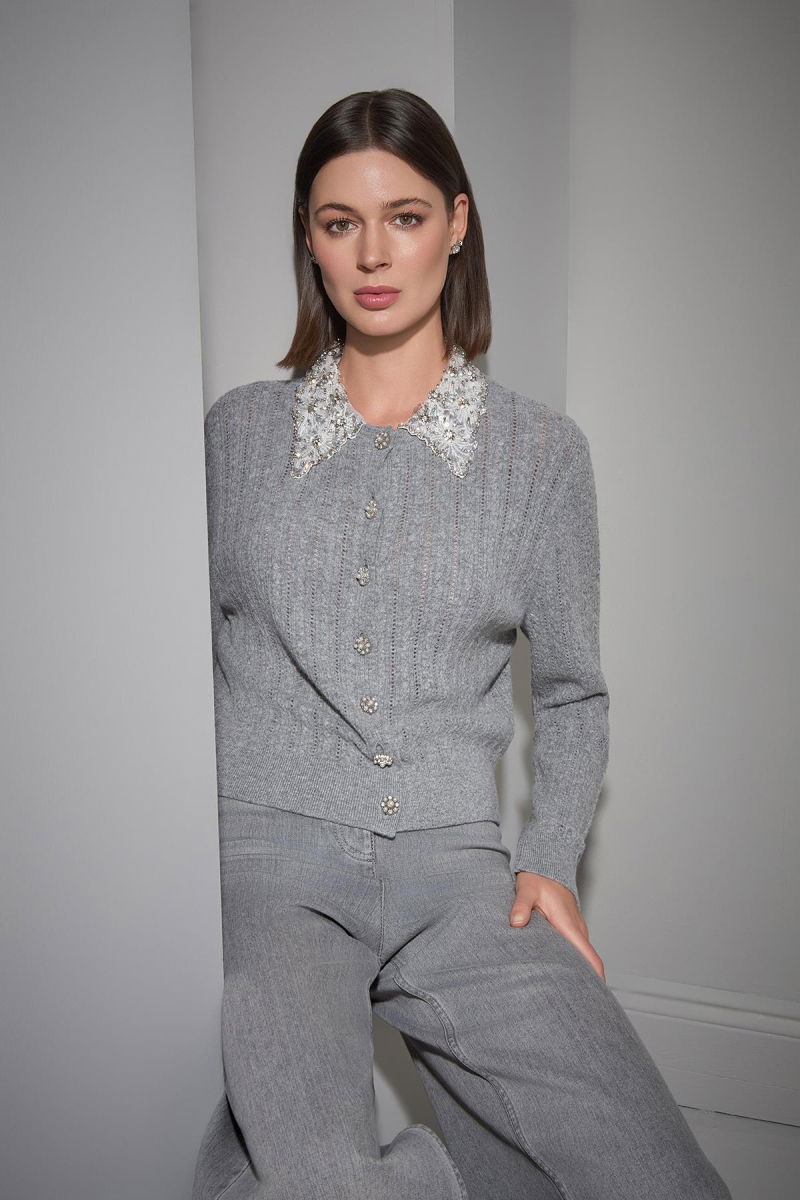 Join Us Kadın Fonksiyonel Taşlı Yaka ve Düğmeli Triko Hırka W118 Gri - Join Us