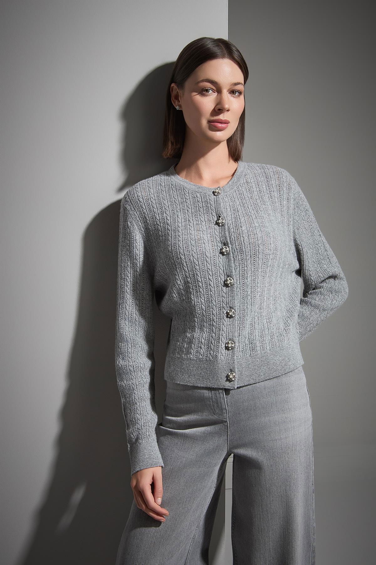 Join Us Kadın Fonksiyonel Taşlı Yaka ve Düğmeli Triko Hırka W118 Gri - 2