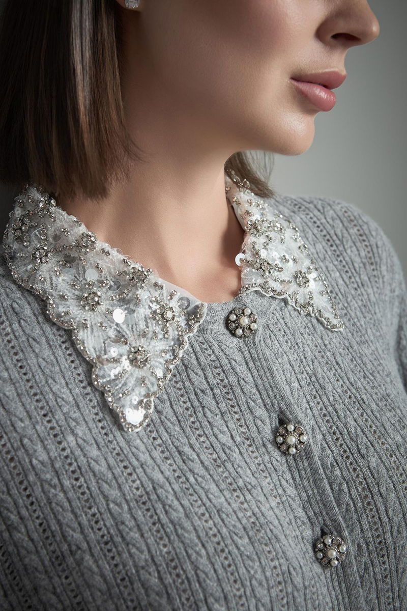 Join Us Kadın Fonksiyonel Taşlı Yaka ve Düğmeli Triko Hırka W118 Gri - 3