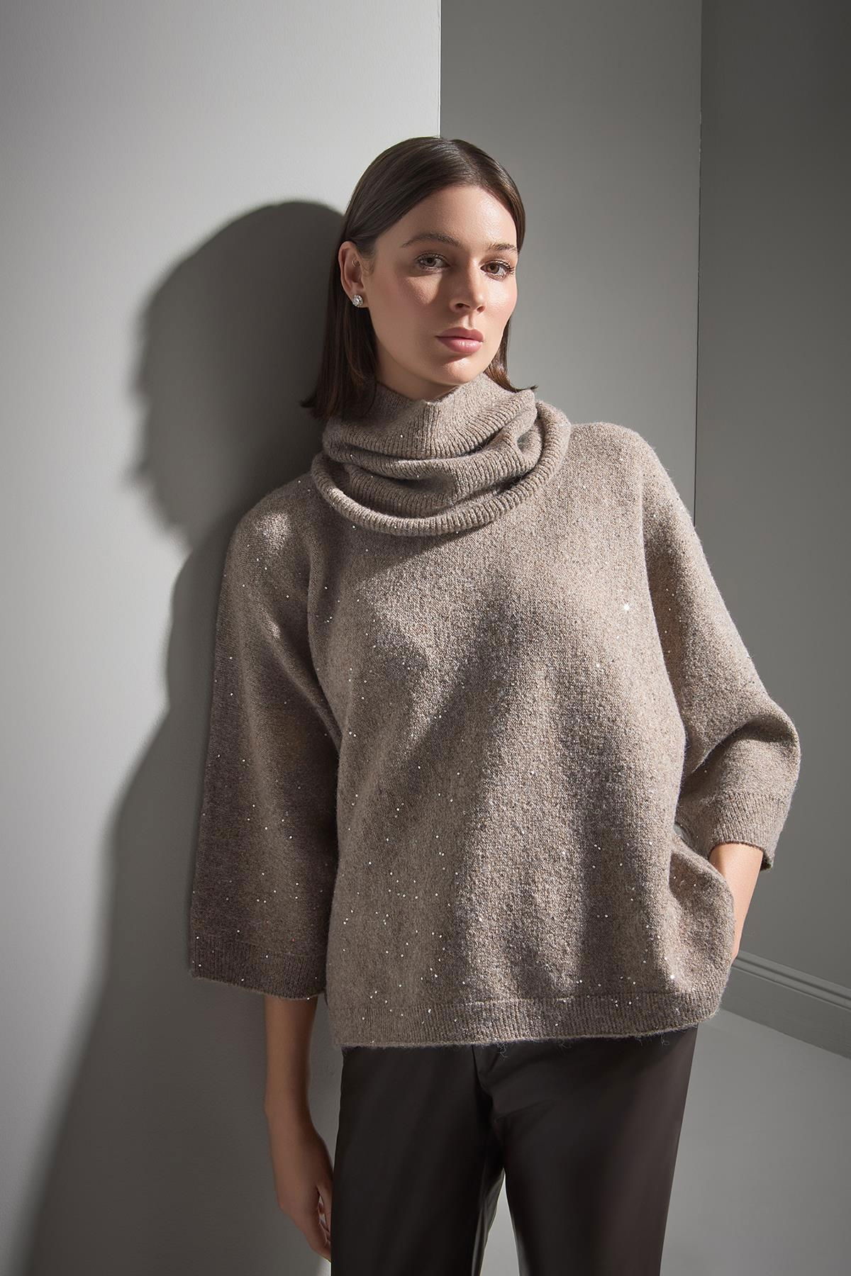 Join Us Kadın Fonksiyonel Yakalı Pullu Triko Kazak W017 Kahverengi - 1