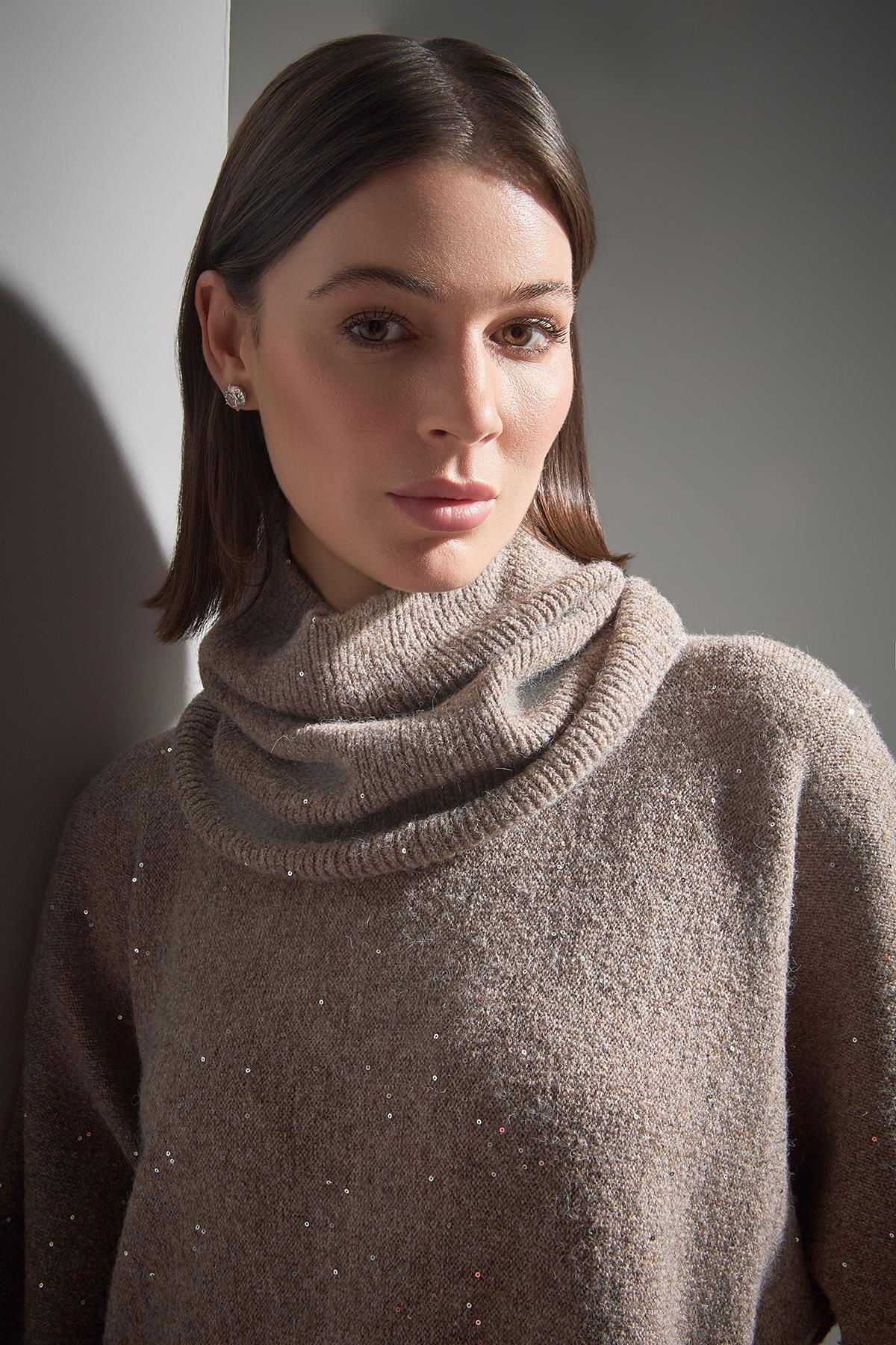 Join Us Kadın Fonksiyonel Yakalı Pullu Triko Kazak W017 Kahverengi - 4