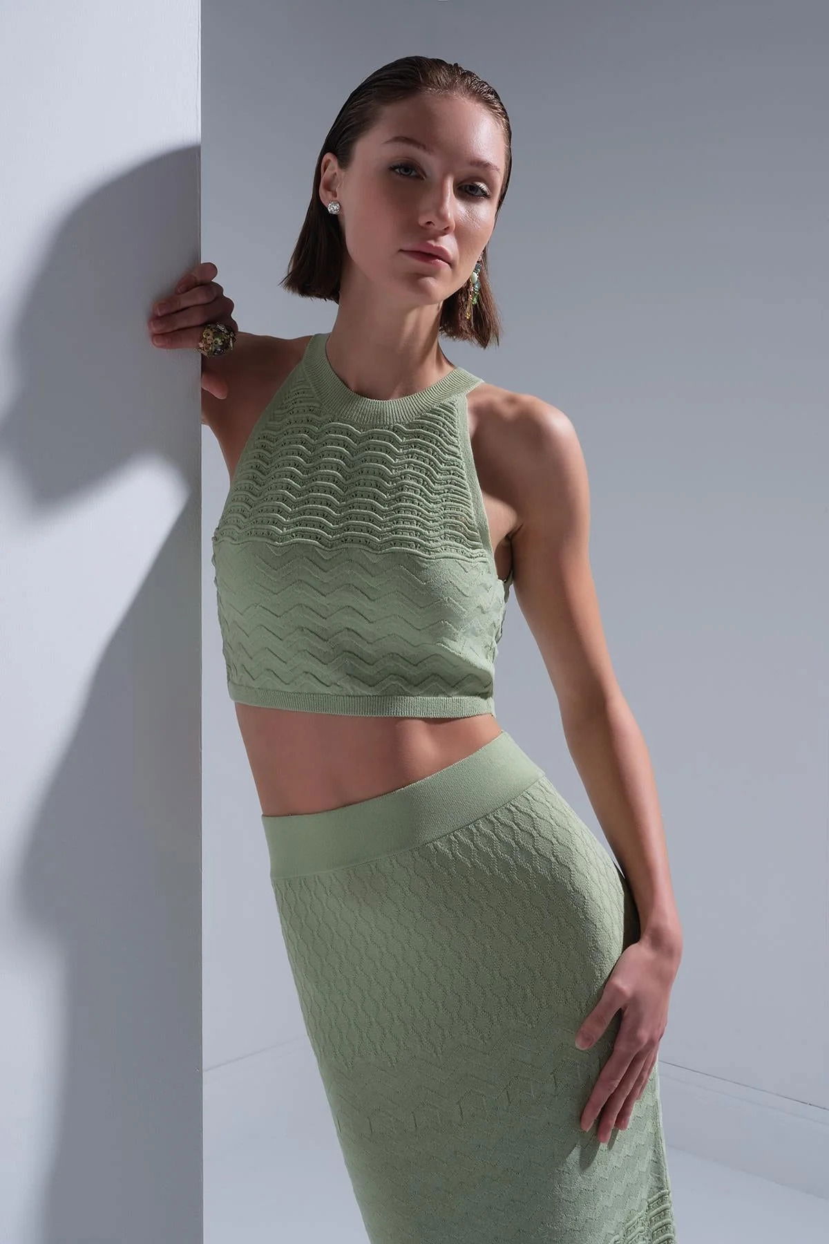 Join Us Kadın Halter Yaka Crop Top S128 Yeşil - 1