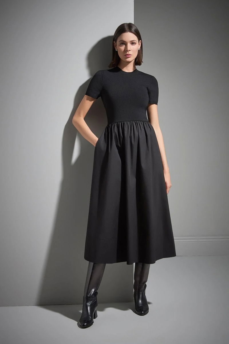 Join Us Kadın Kısa Kollu Kumaş Etekli Midi Triko Elbise W004 Siyah - Join Us