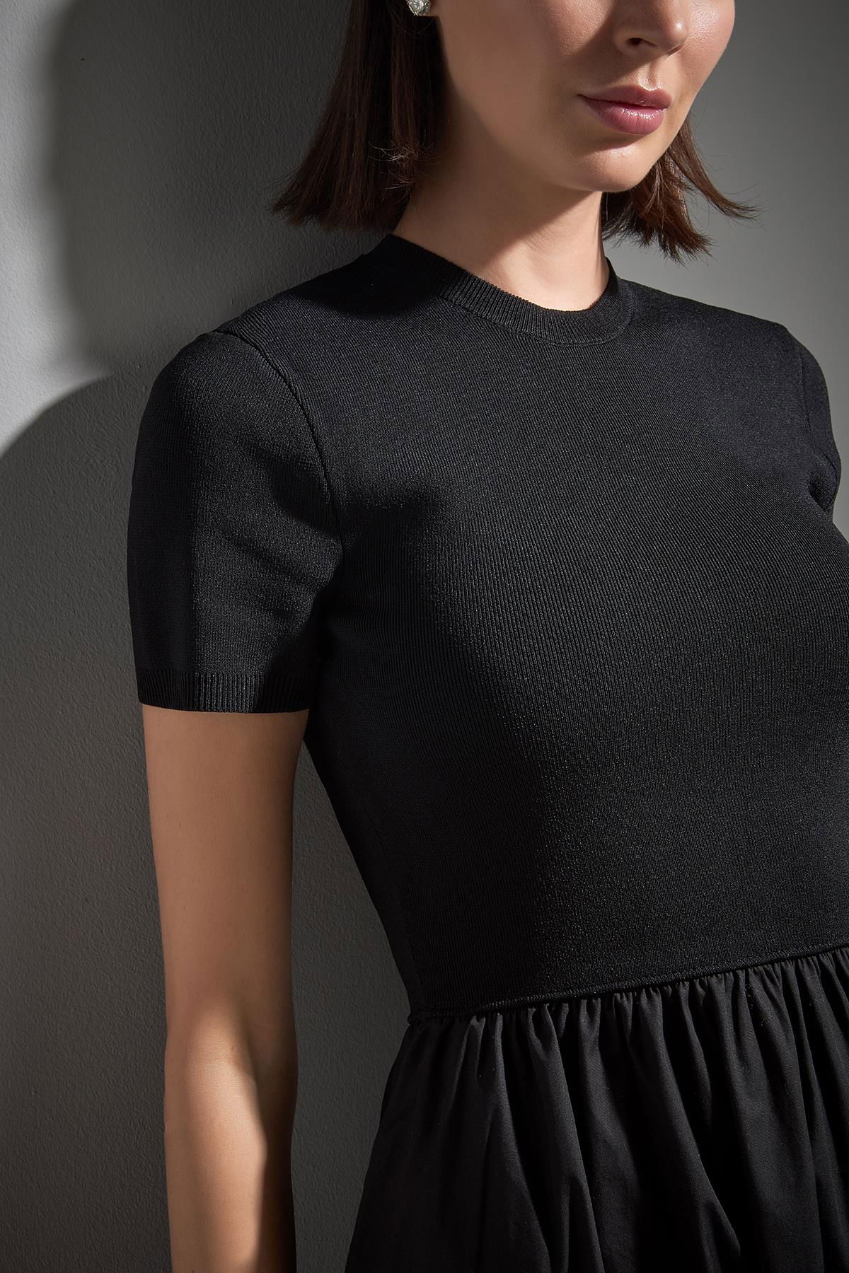 Join Us Kadın Kısa Kollu Kumaş Etekli Midi Triko Elbise W004 Siyah - 4