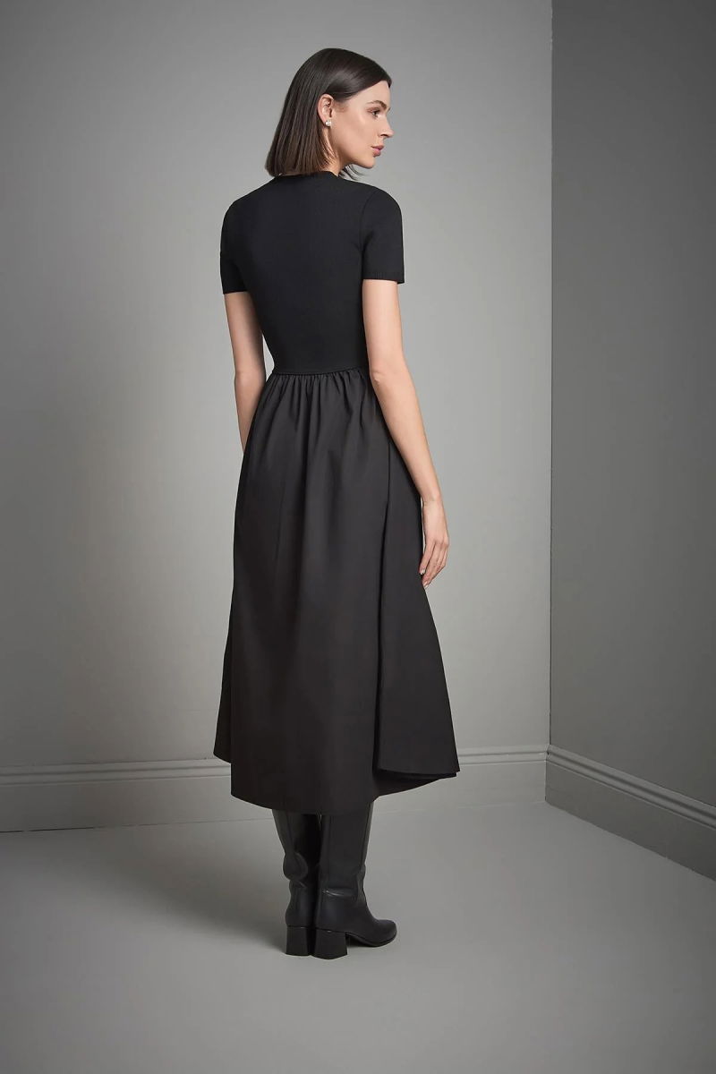 Join Us Kadın Kısa Kollu Kumaş Etekli Midi Triko Elbise W004 Siyah - 5