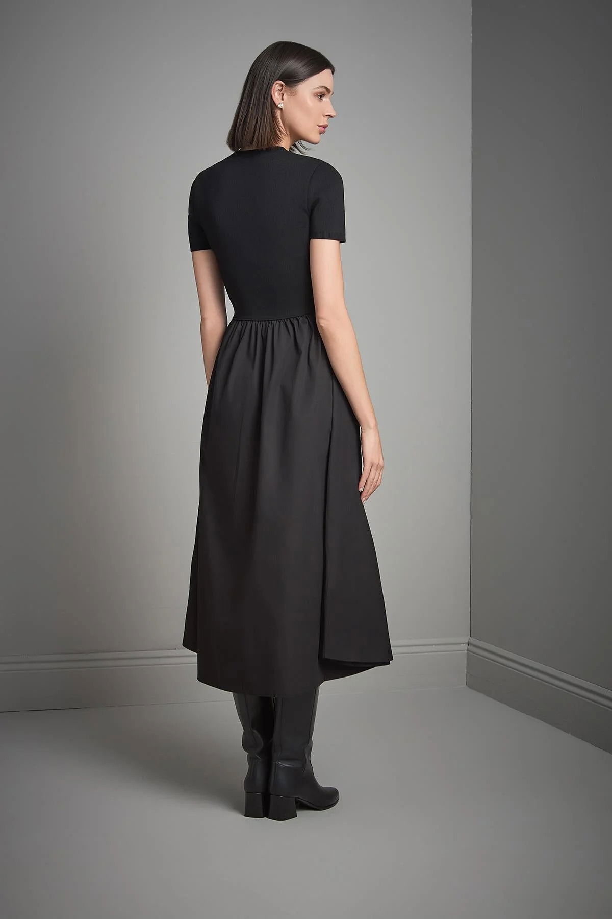 Join Us Kadın Kısa Kollu Kumaş Etekli Midi Triko Elbise W004 Siyah - 5
