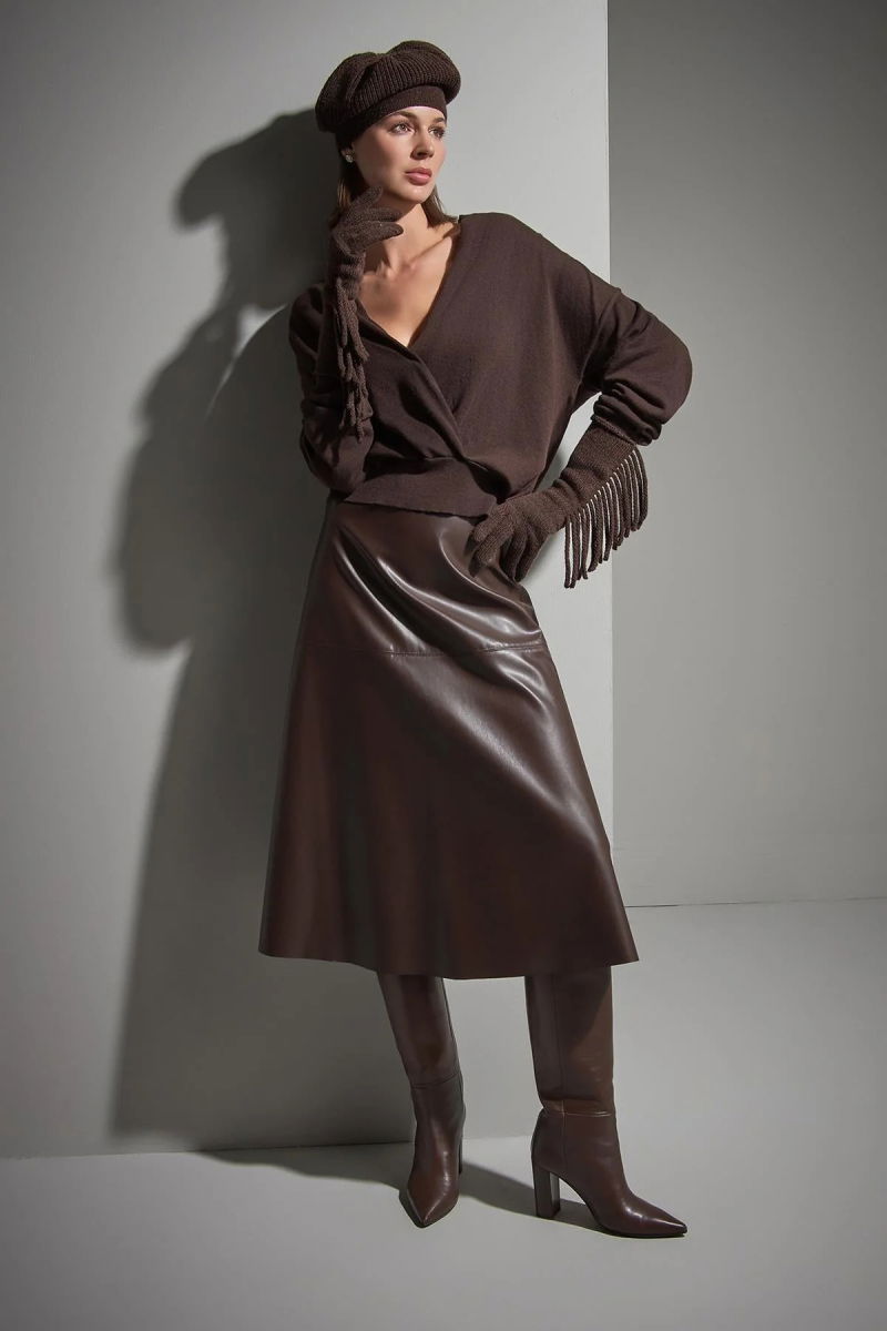 Join Us Kadın Kruvaze Yaka Triko Kazak W130 Kahverengi - Join Us