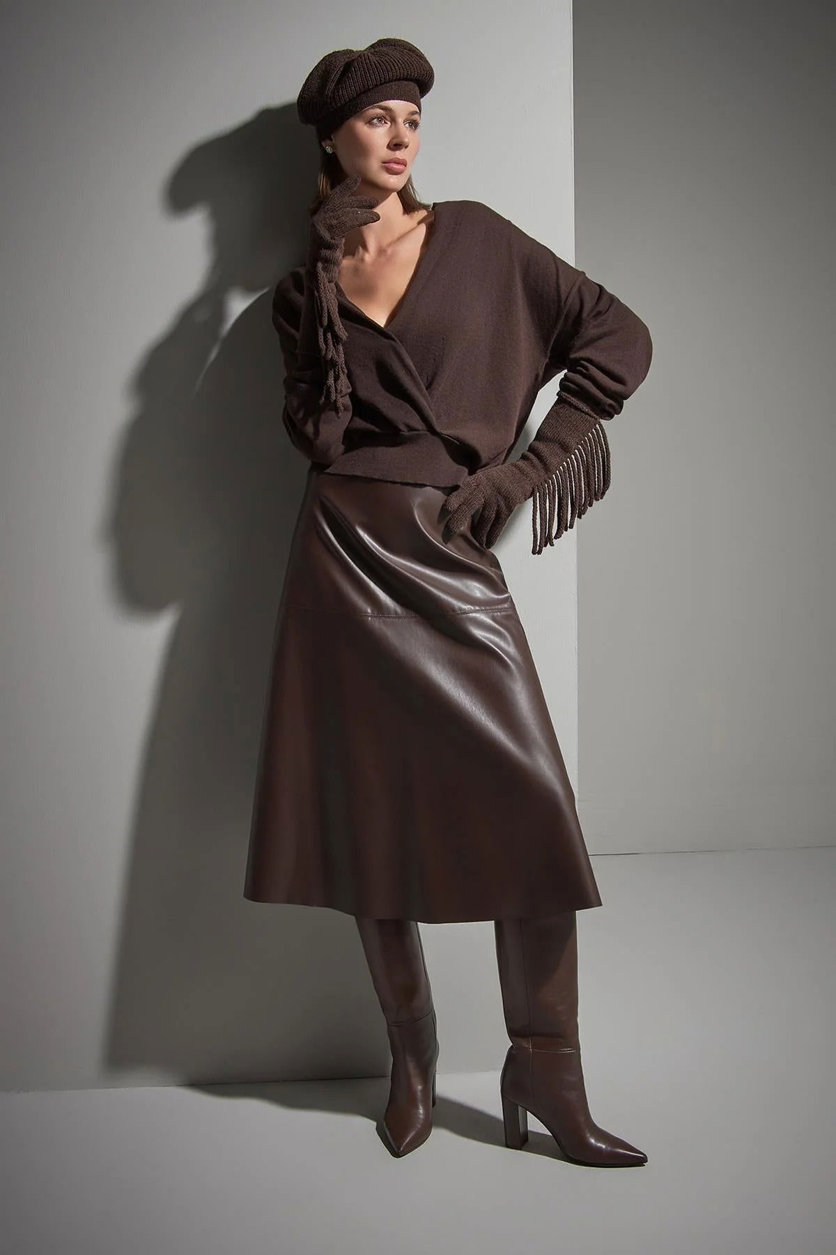 Join Us Kadın Kruvaze Yaka Triko Kazak W130 Kahverengi - 1