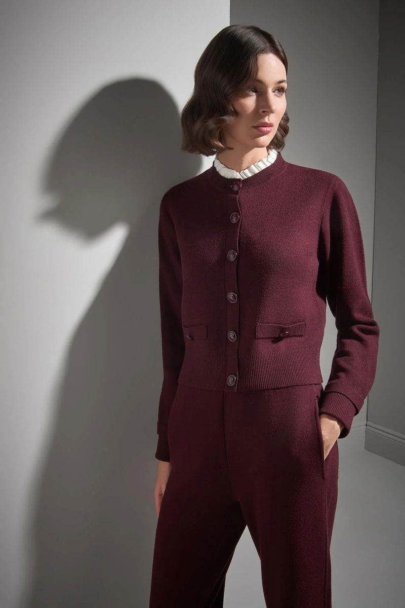 Join Us Kadın Kumaş Detaylı Düğmeli Triko Hırka W020 Bordo - Join Us