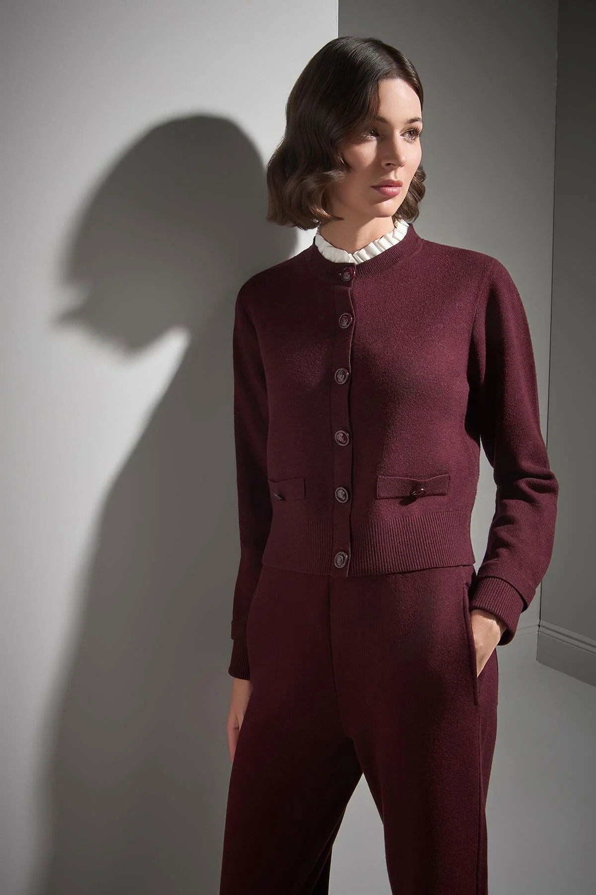 Join Us Kadın Kumaş Detaylı Düğmeli Triko Hırka W020 Bordo - 1