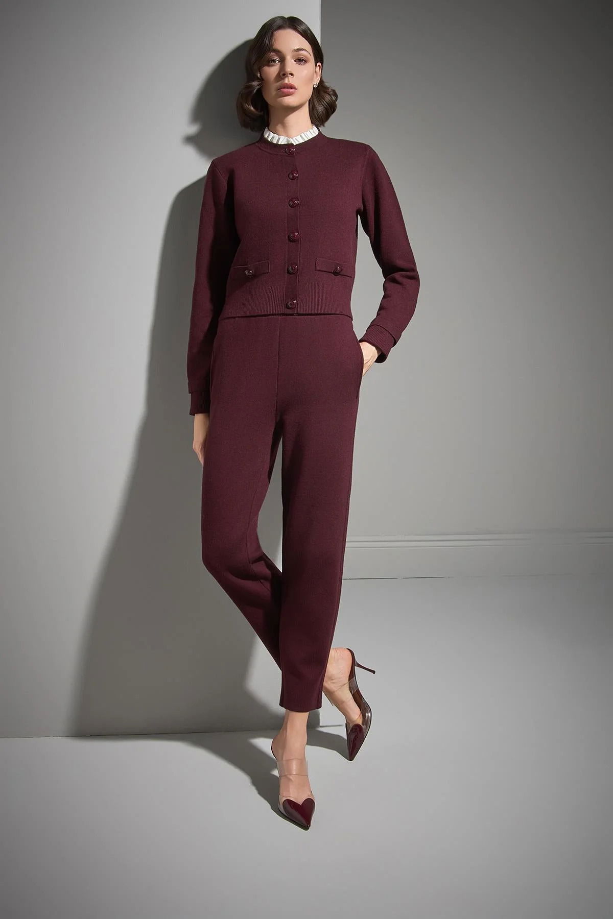 Join Us Kadın Kumaş Detaylı Düğmeli Triko Hırka W020 Bordo - 2