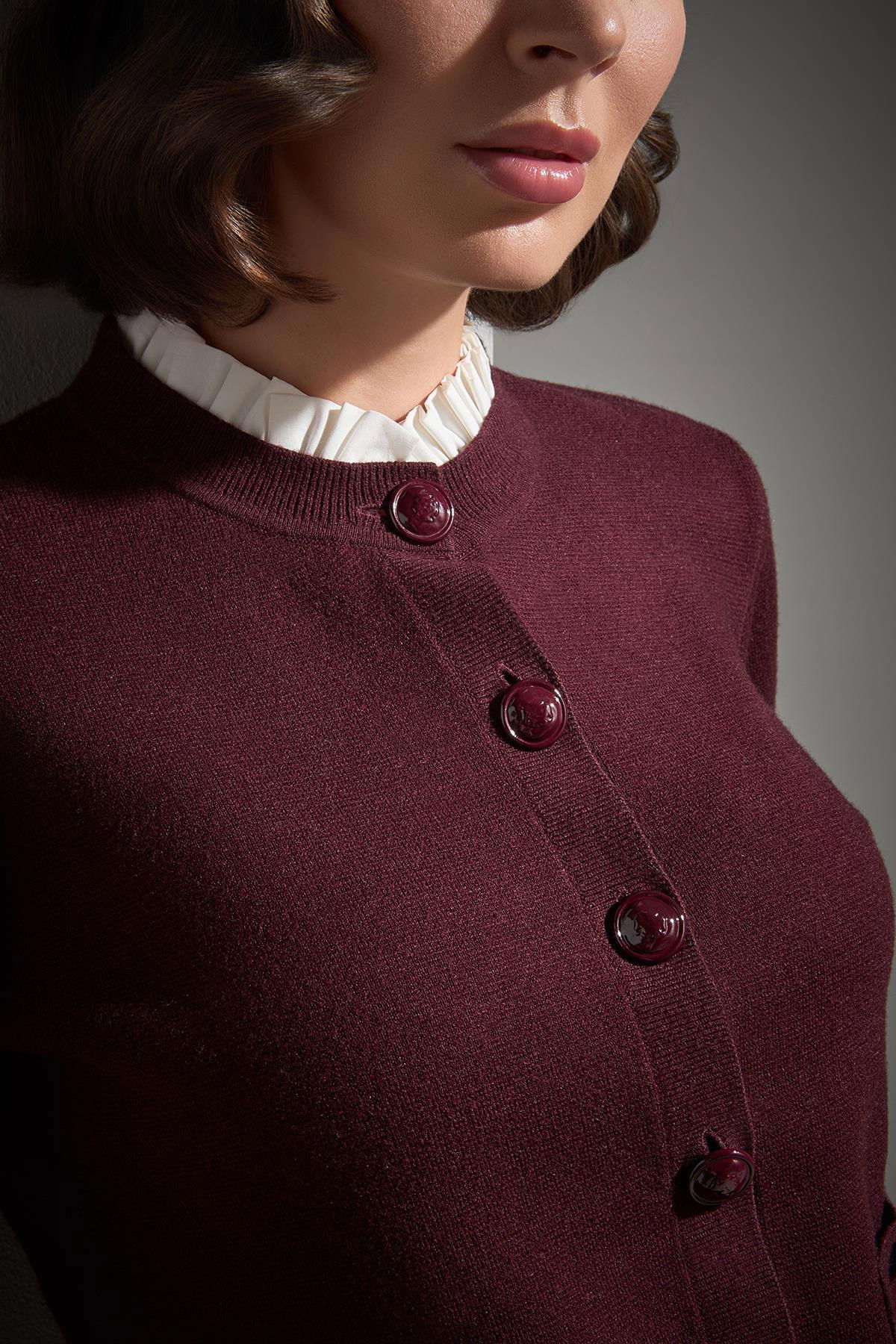 Join Us Kadın Kumaş Detaylı Düğmeli Triko Hırka W020 Bordo - 4