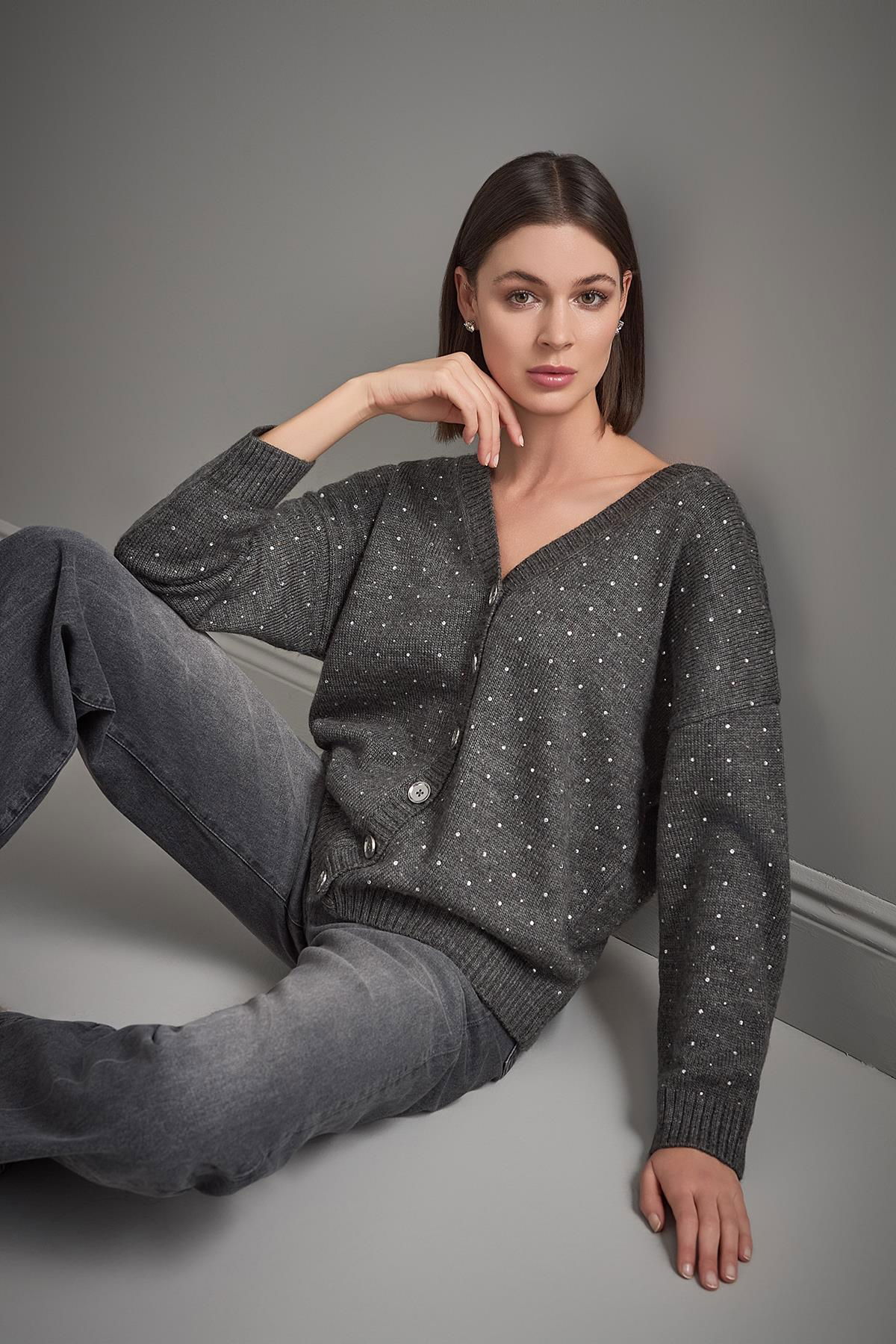 Join Us Kadın Önü ve Arkası V Yaka Düğmeli Triko Hırka W111 Gri - 1