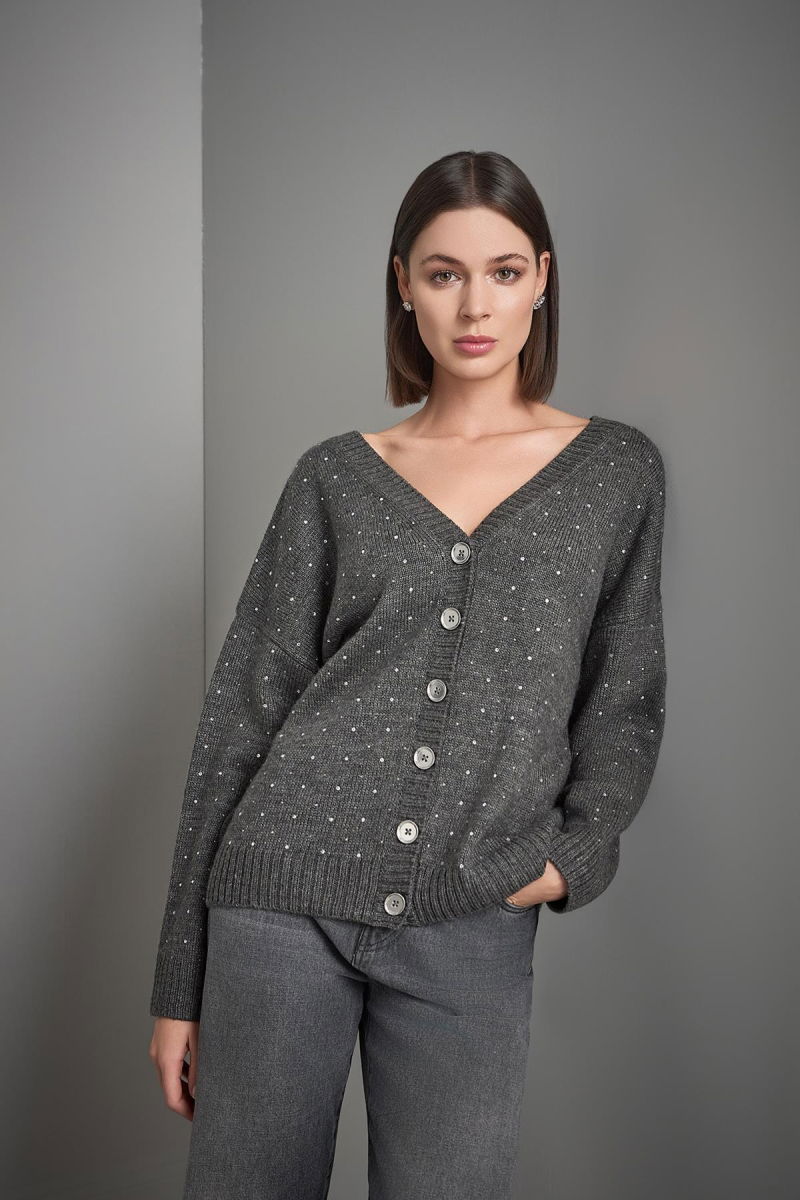 Join Us Kadın Önü ve Arkası V Yaka Düğmeli Triko Hırka W111 Gri - 2