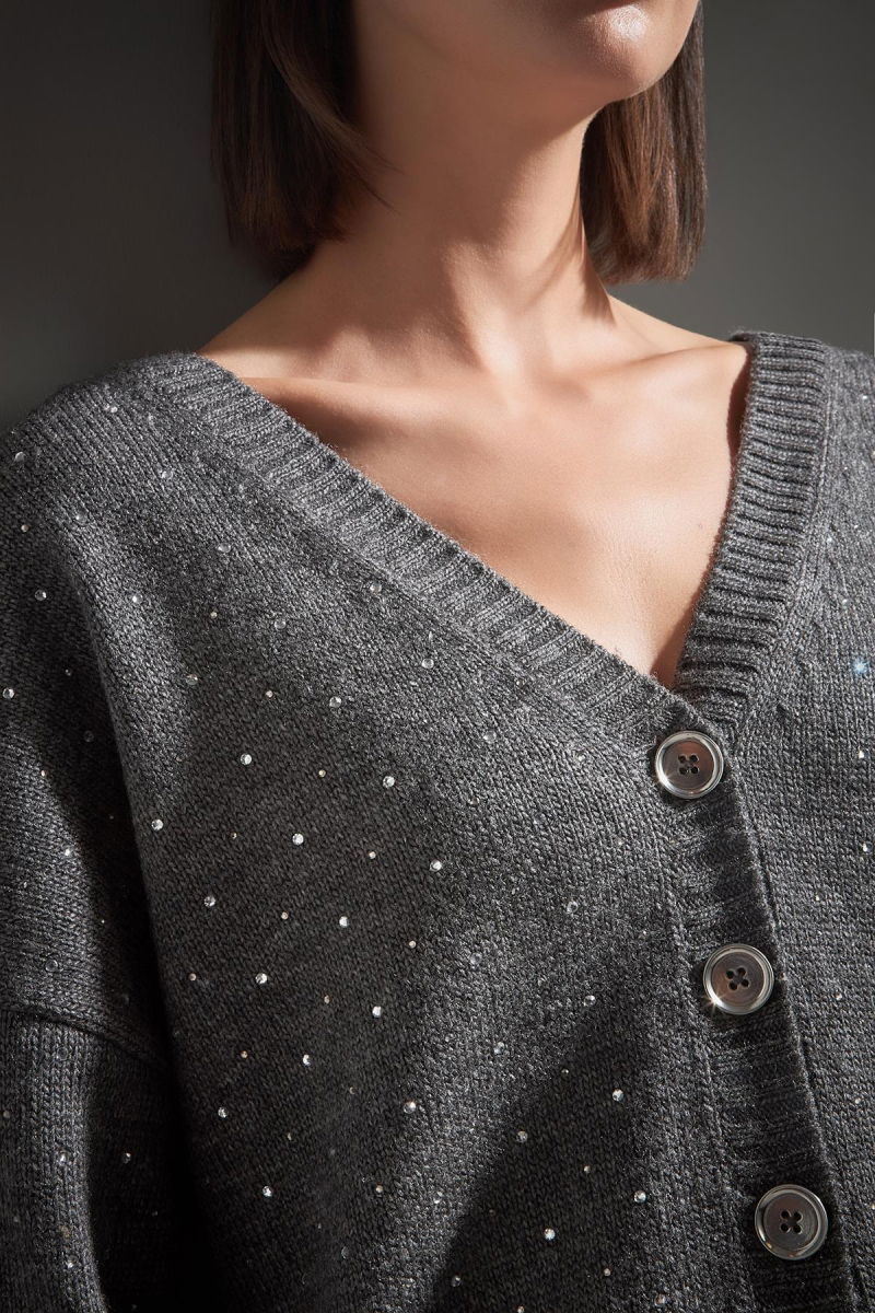 Join Us Kadın Önü ve Arkası V Yaka Düğmeli Triko Hırka W111 Gri - 3