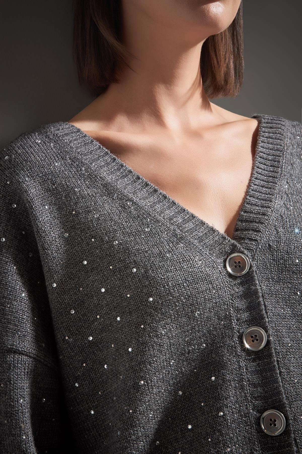 Join Us Kadın Önü ve Arkası V Yaka Düğmeli Triko Hırka W111 Gri - 3