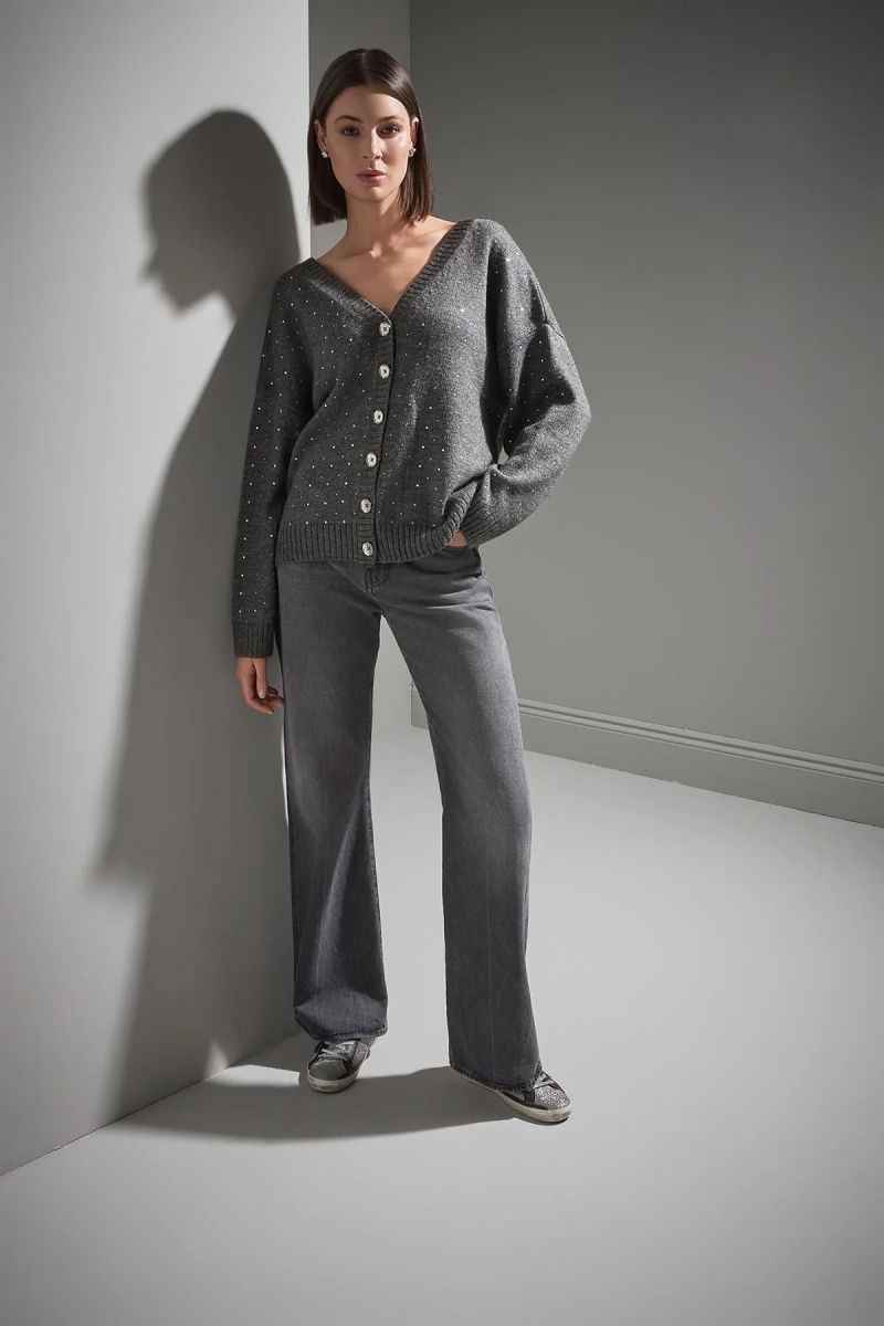 Join Us Kadın Önü ve Arkası V Yaka Düğmeli Triko Hırka W111 Gri - 4