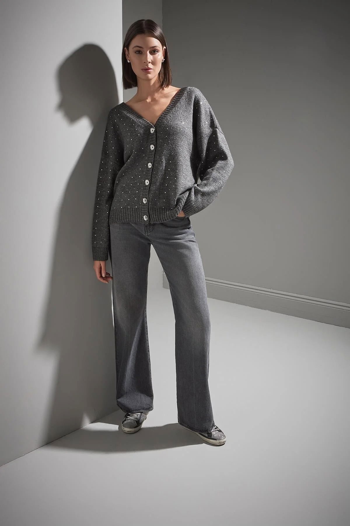 Join Us Kadın Önü ve Arkası V Yaka Düğmeli Triko Hırka W111 Gri - 4