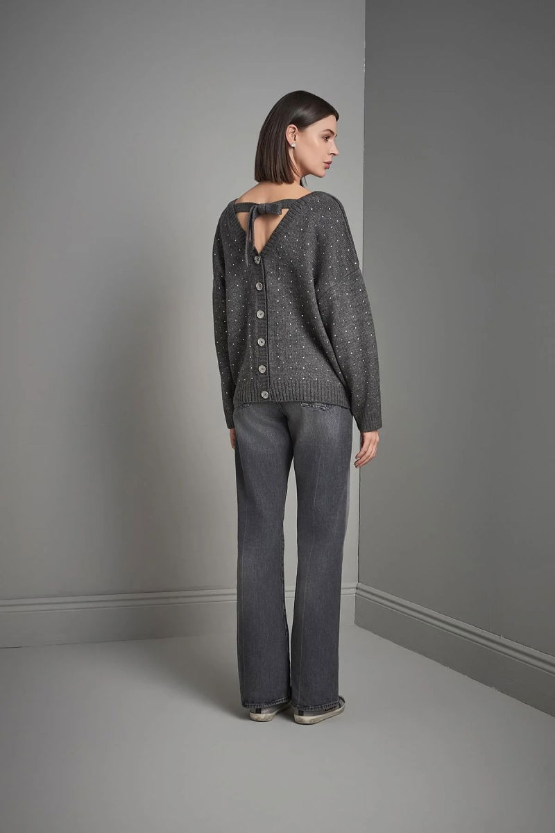 Join Us Kadın Önü ve Arkası V Yaka Düğmeli Triko Hırka W111 Gri - 5