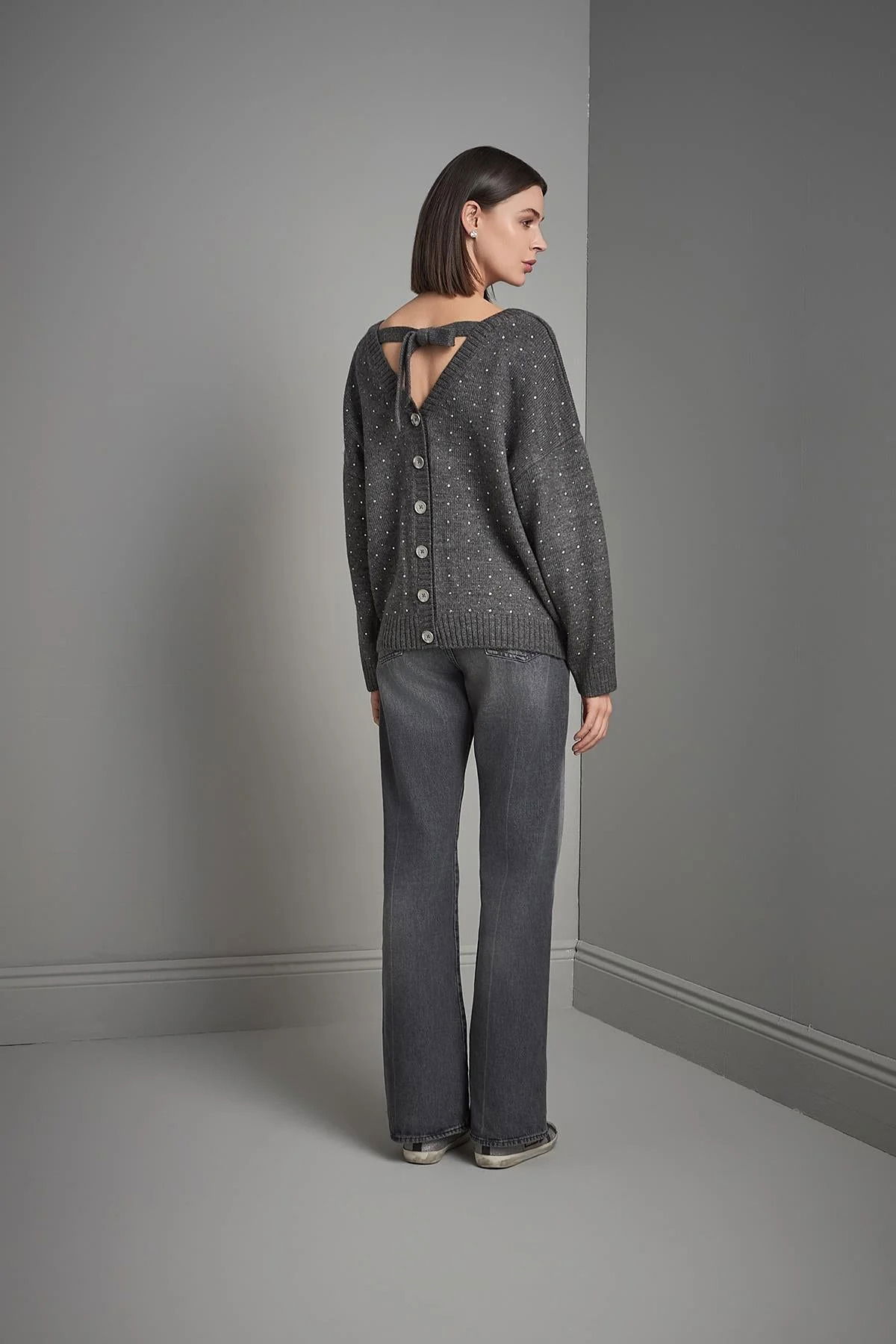 Join Us Kadın Önü ve Arkası V Yaka Düğmeli Triko Hırka W111 Gri - 5