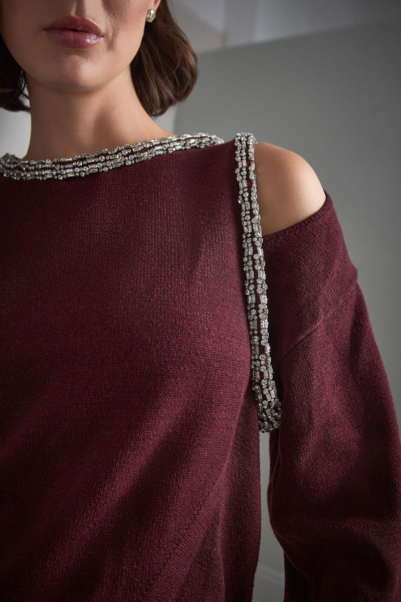 Join Us Kadın Pencere Detaylı Şerit Taş İşlemeli Triko Kazak W022 Bordo - 3