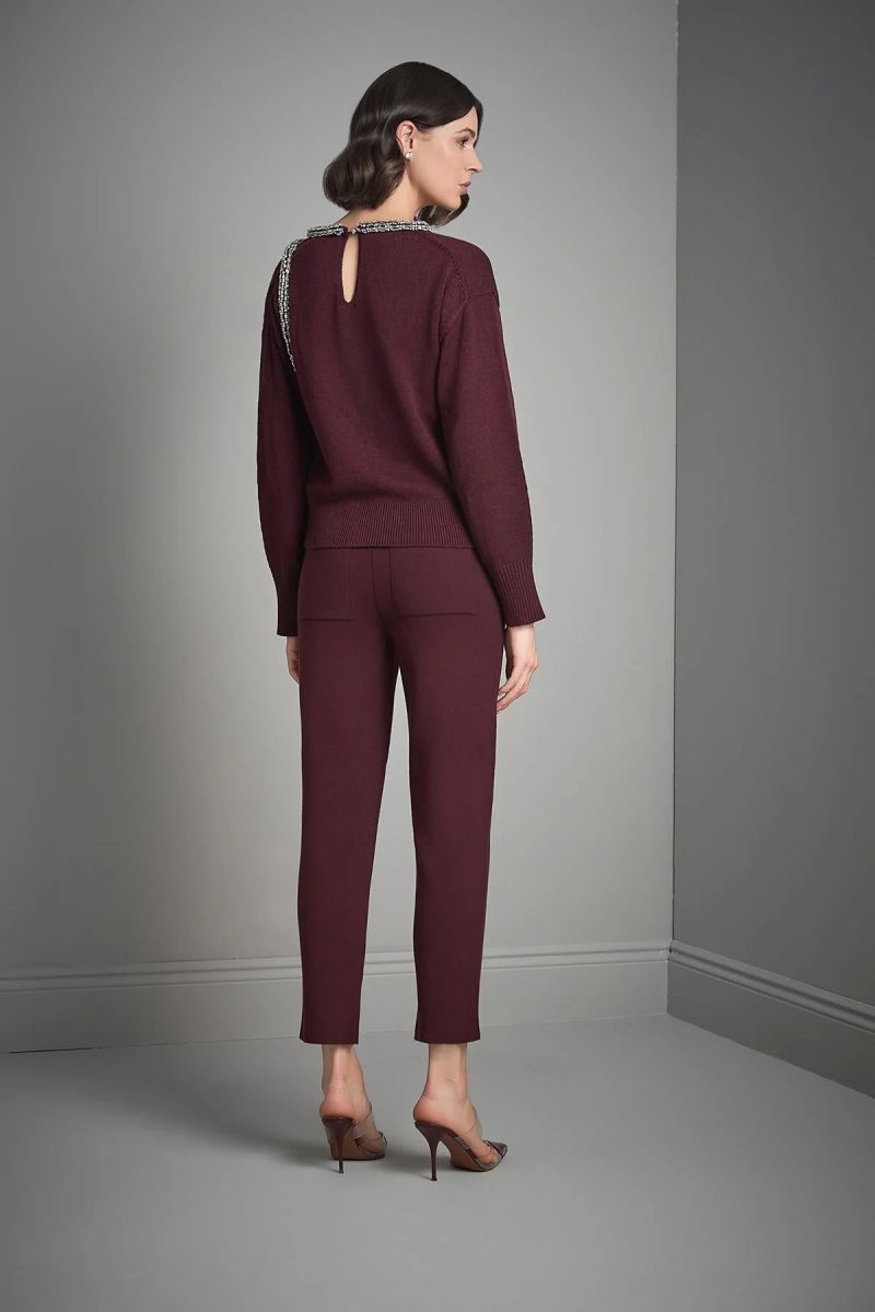 Join Us Kadın Pencere Detaylı Şerit Taş İşlemeli Triko Kazak W022 Bordo - 5