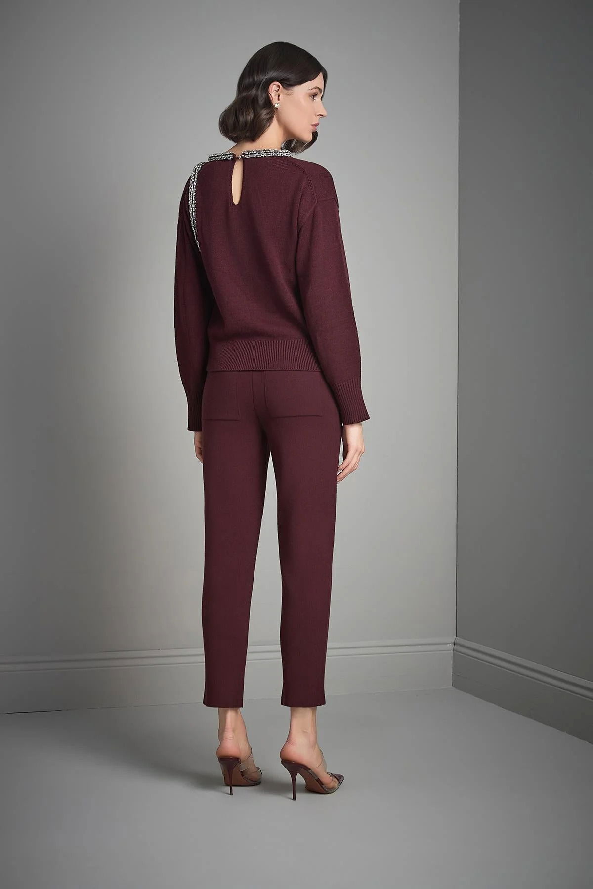 Join Us Kadın Pencere Detaylı Şerit Taş İşlemeli Triko Kazak W022 Bordo - 5