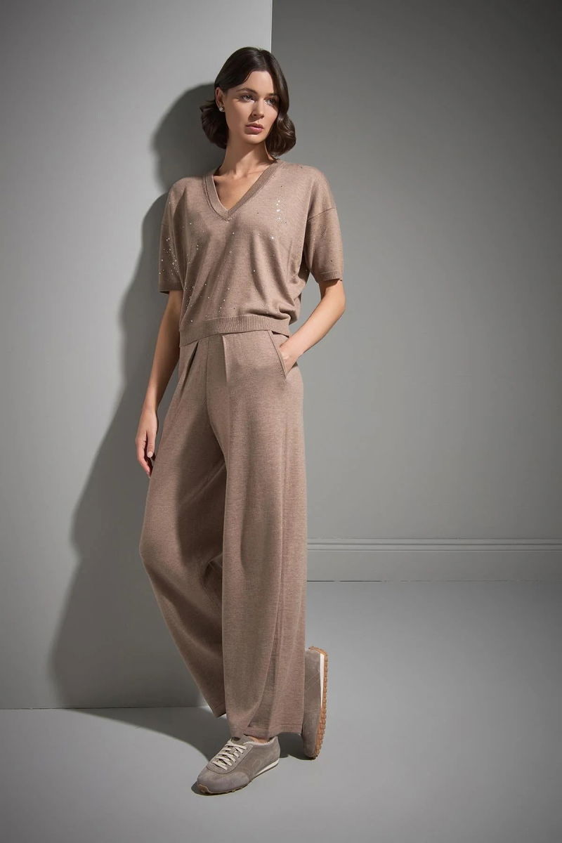 Join Us Kadın Pileli Bol Paça Triko Pantolon W067 Bej - Join Us