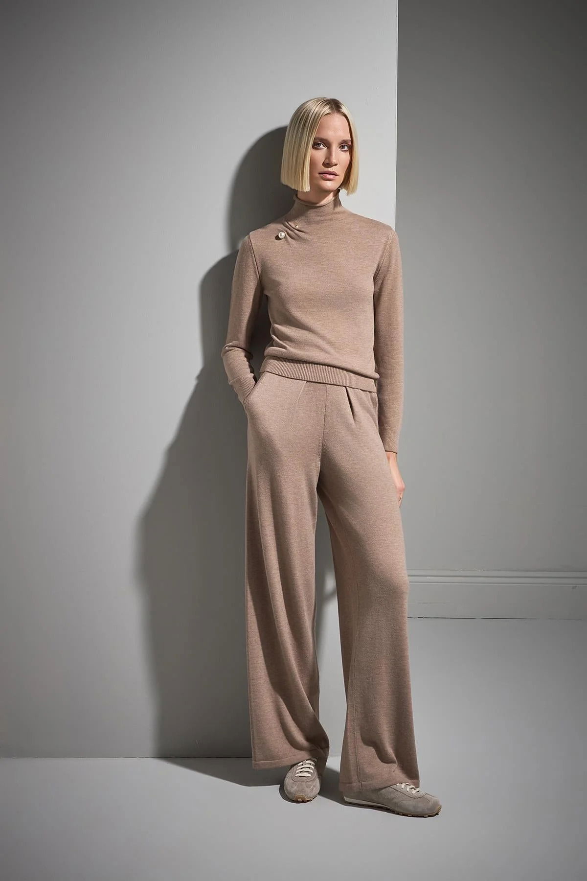 Join Us Kadın Pileli Bol Paça Triko Pantolon W067 Bej - 2