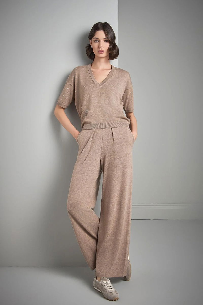Join Us Kadın Pileli Bol Paça Triko Pantolon W067 Bej - 3