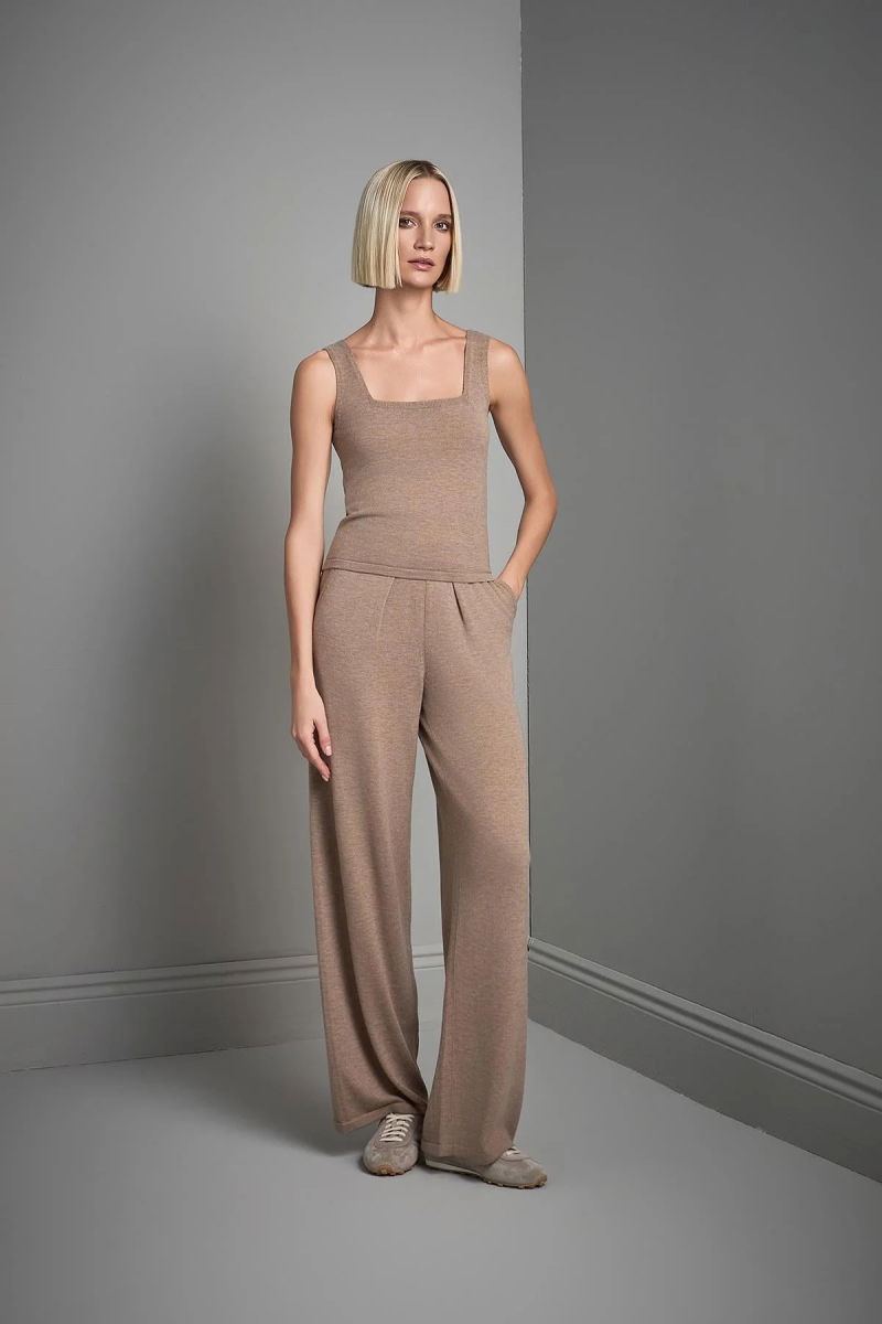 Join Us Kadın Pileli Bol Paça Triko Pantolon W067 Bej - 4