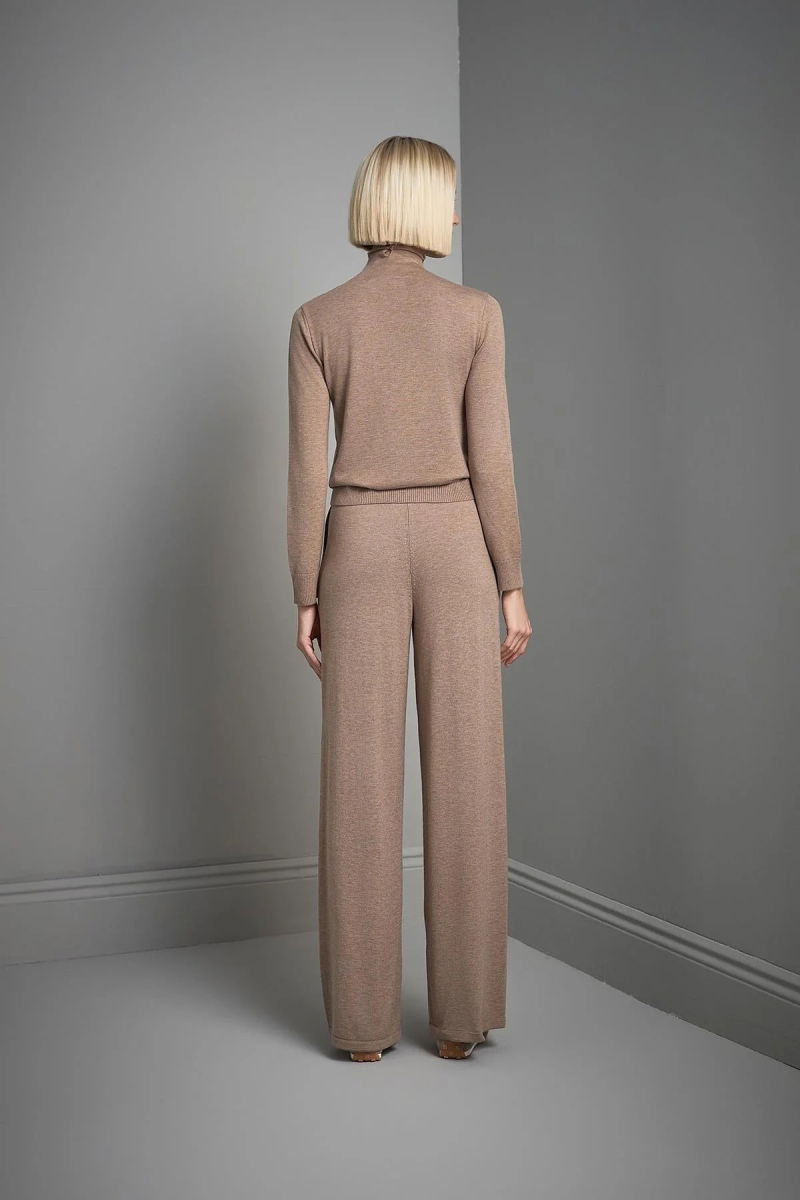 Join Us Kadın Pileli Bol Paça Triko Pantolon W067 Bej - 5