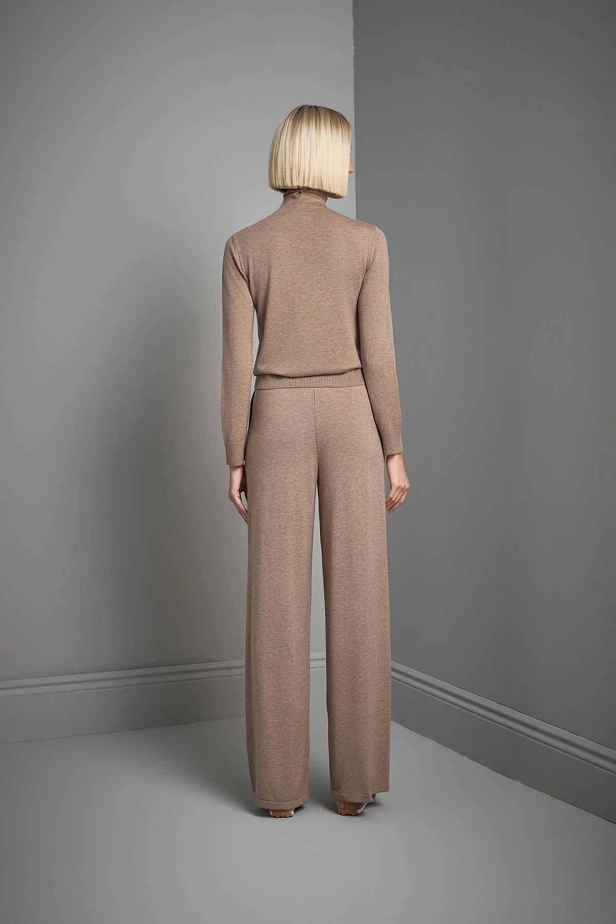 Join Us Kadın Pileli Bol Paça Triko Pantolon W067 Bej - 5