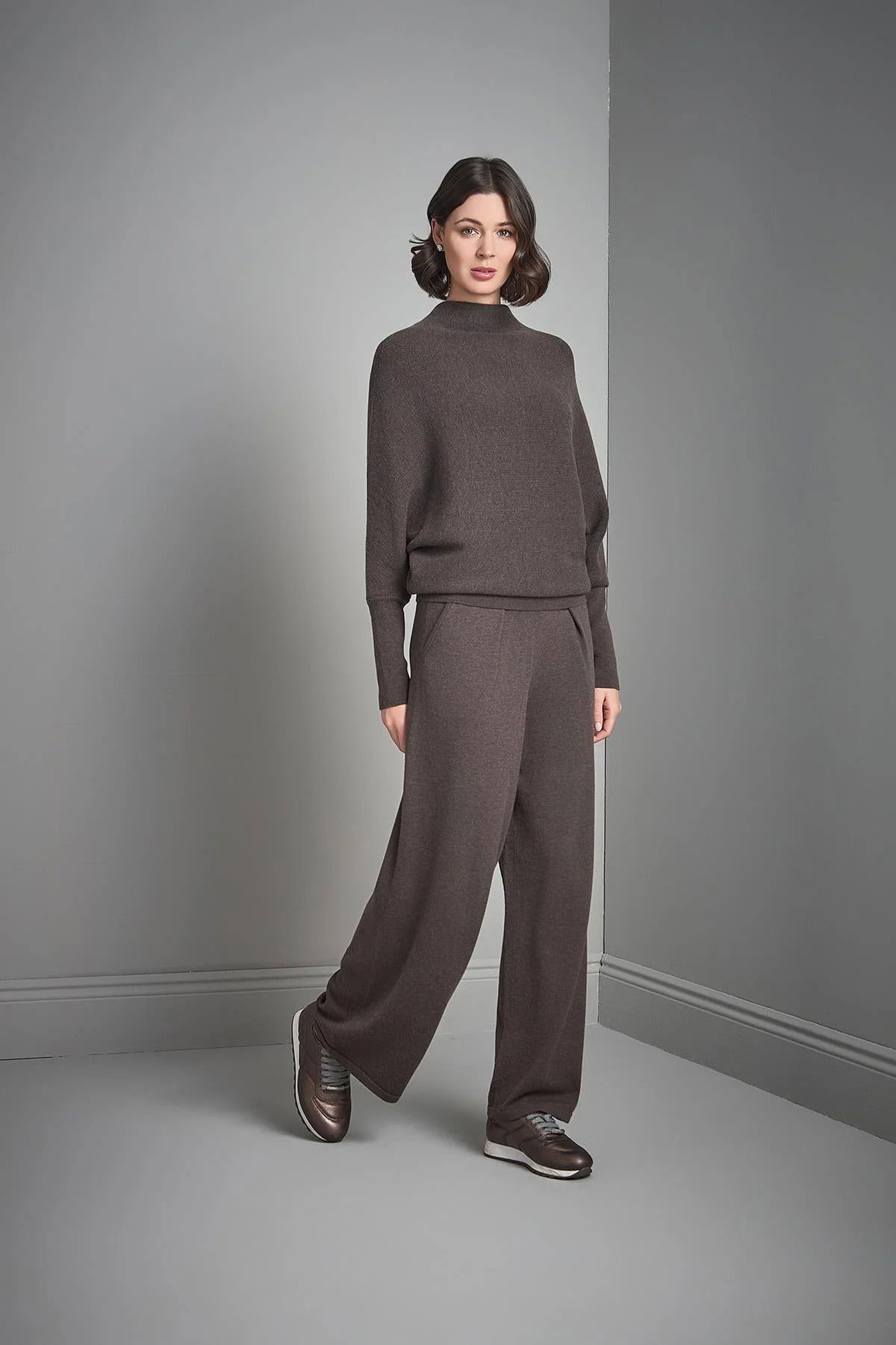 Join Us Kadın Pileli Bol Paça Triko Pantolon W067 Kahverengi - 1