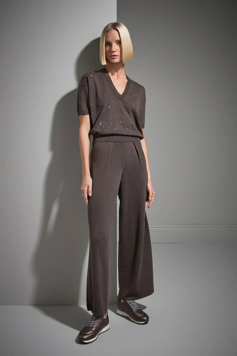 Join Us Kadın Pileli Bol Paça Triko Pantolon W067 Kahverengi - 2