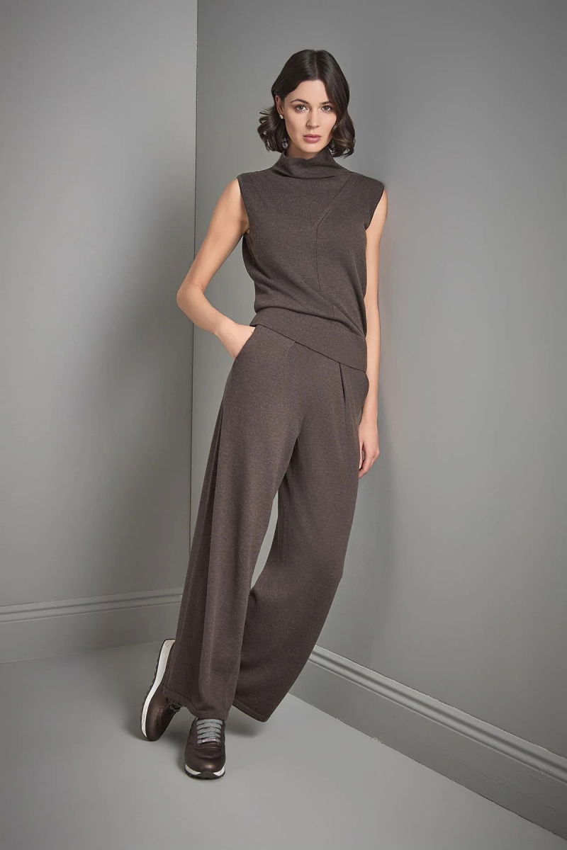 Join Us Kadın Pileli Bol Paça Triko Pantolon W067 Kahverengi - 3