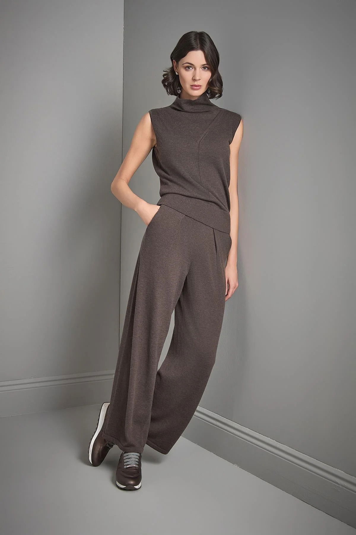 Join Us Kadın Pileli Bol Paça Triko Pantolon W067 Kahverengi - 3