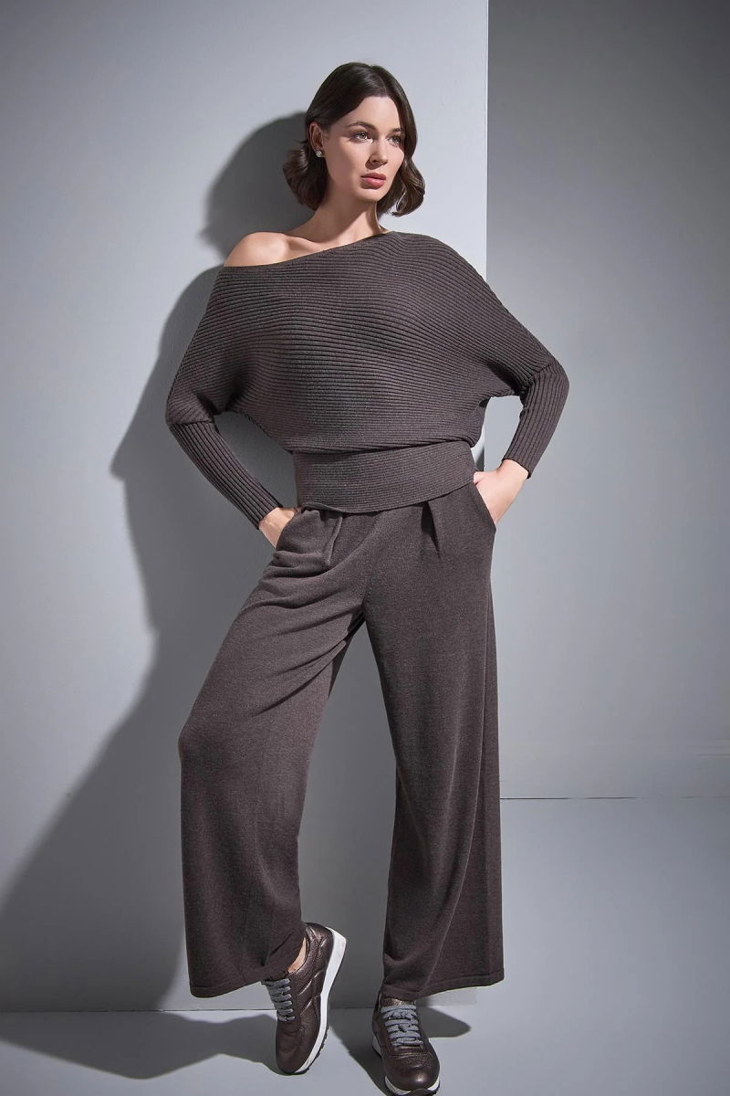Join Us Kadın Pileli Bol Paça Triko Pantolon W067 Kahverengi - 4