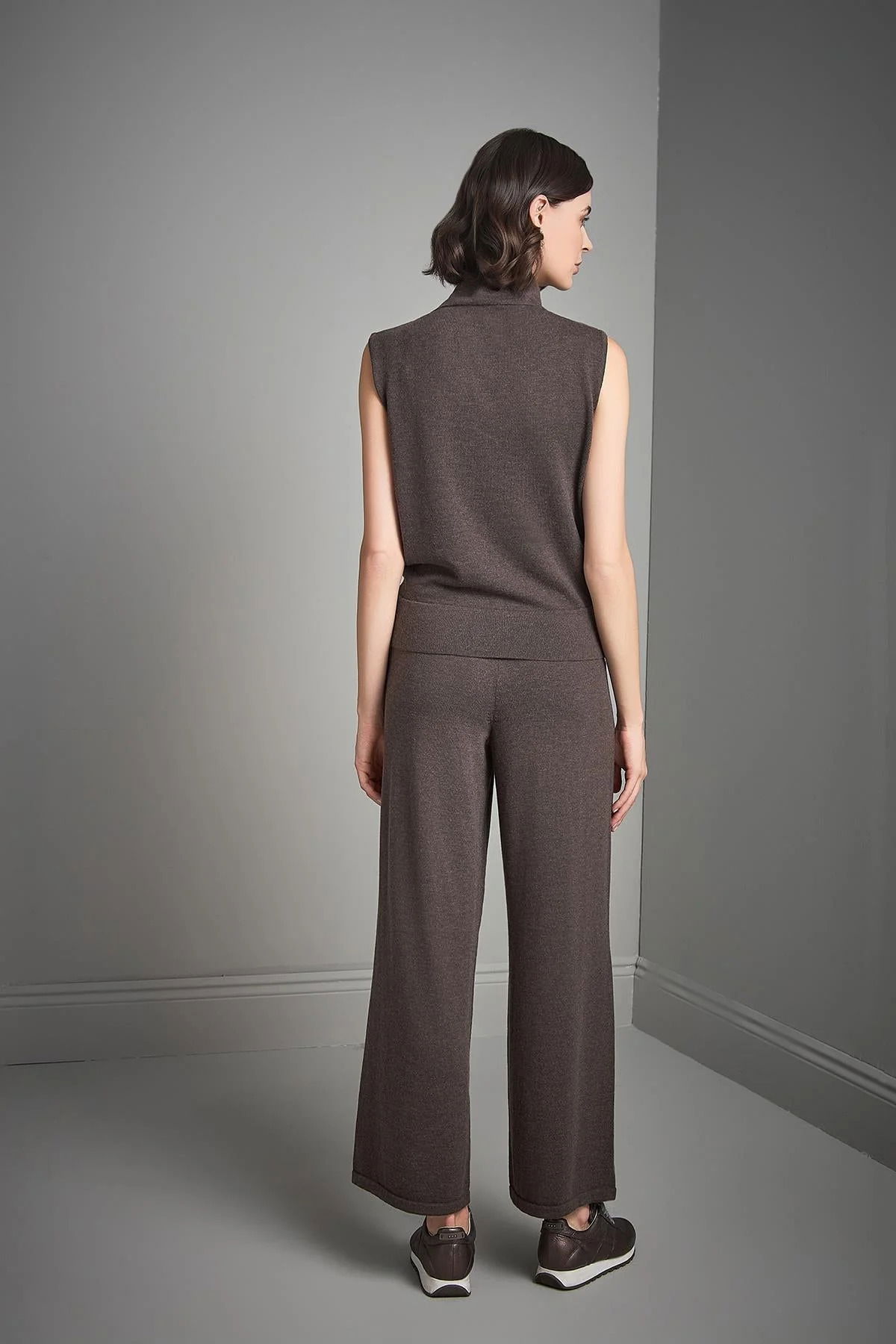 Join Us Kadın Pileli Bol Paça Triko Pantolon W067 Kahverengi - 5