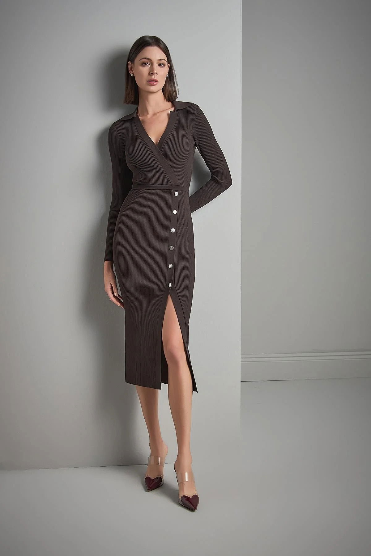 Join Us Kadın Polo Yaka Çıtçıt Detaylı Triko Elbise W103 Kahverengi - 1