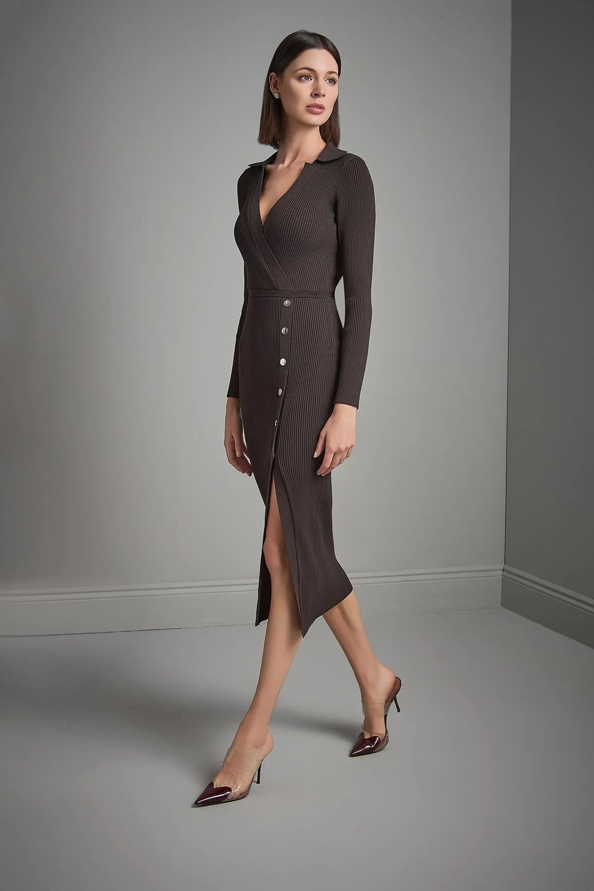 Join Us Kadın Polo Yaka Çıtçıt Detaylı Triko Elbise W103 Kahverengi - 3