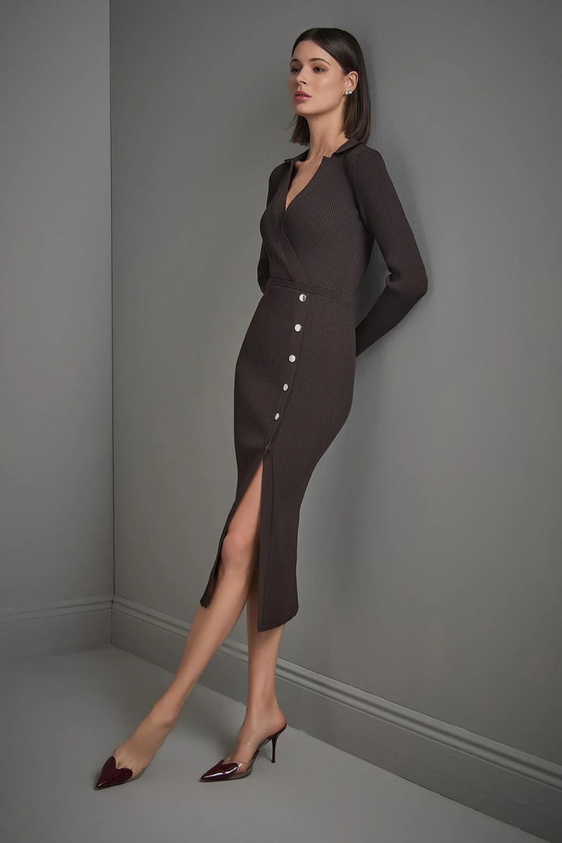 Join Us Kadın Polo Yaka Çıtçıt Detaylı Triko Elbise W103 Kahverengi - 4