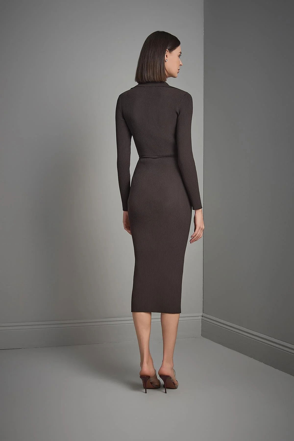 Join Us Kadın Polo Yaka Çıtçıt Detaylı Triko Elbise W103 Kahverengi - 5